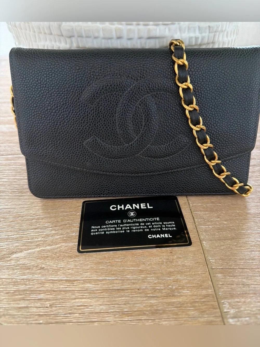CHANEL Black Caviar Leather Flap Bag with Gold Chain WOC